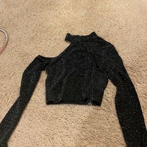 Black (tinsel tinted) one shoulder long sleeve crop top